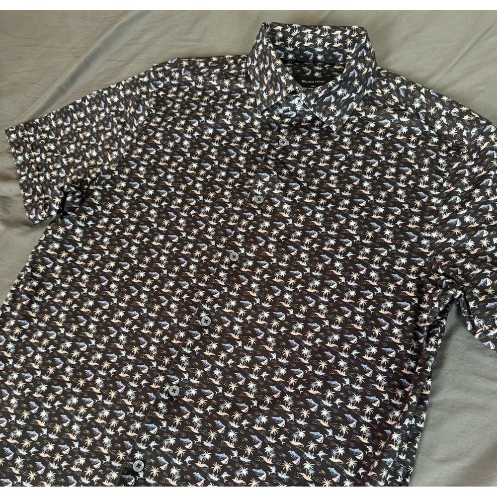 Bugatchi 8 Way Stretch Men's Medium Tropical Button Up Shirt All Over Print